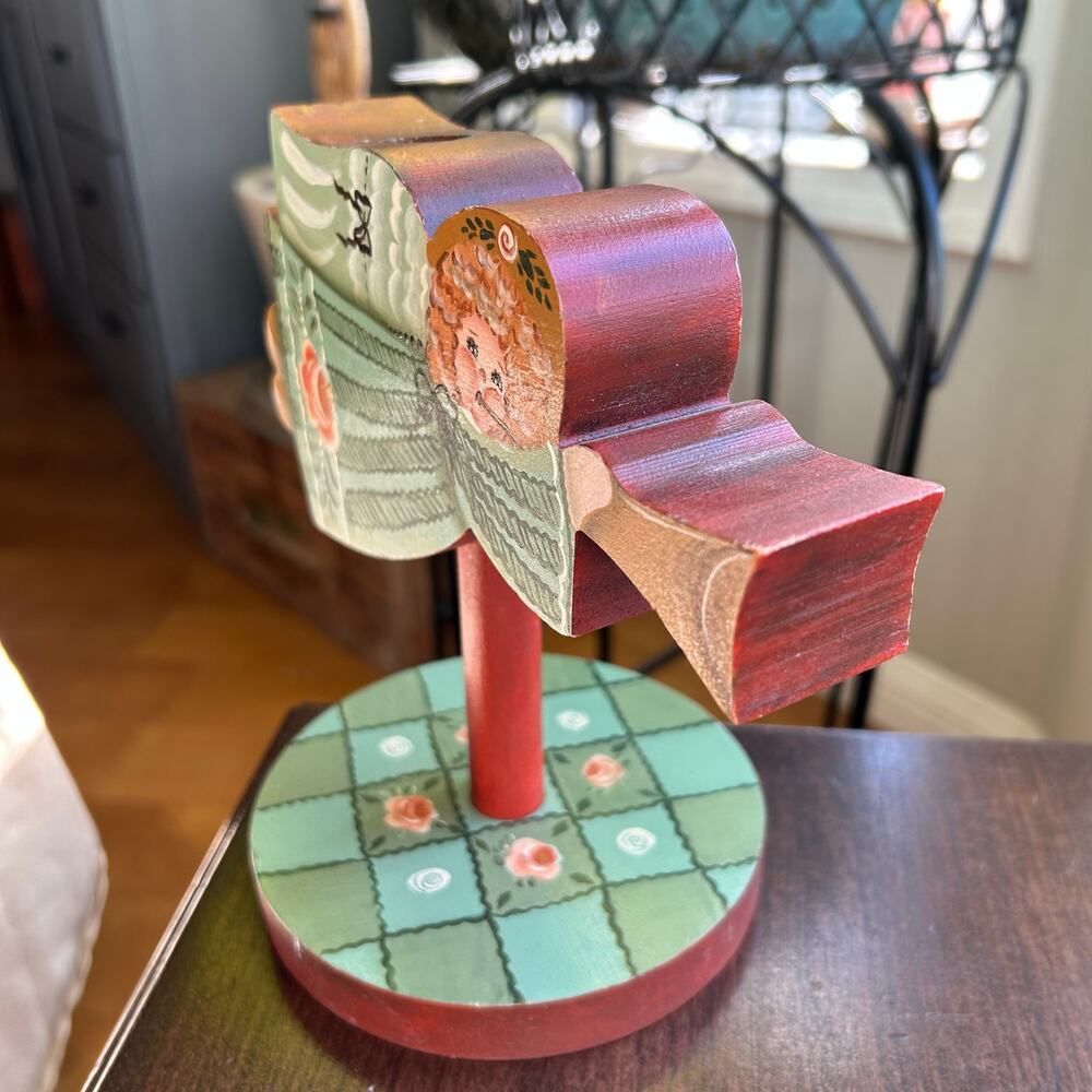 Vintage hand carved wood wooden folk art hand painted angel candle holder - Picture 2 of 15